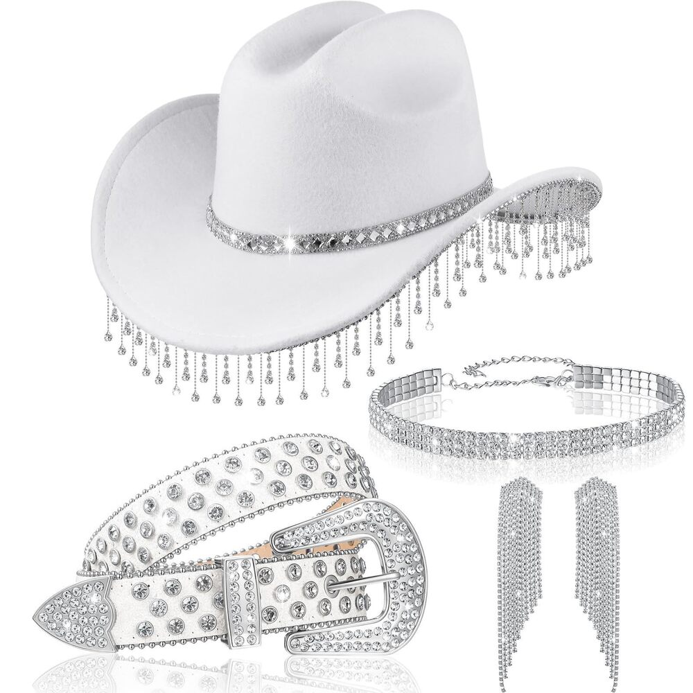 5958 5 Pcs Glitter Cowgirl Hat Rhinestone Jewelry Set Western Sparkly